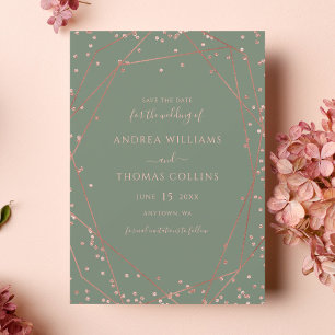 Sage Green Rose Gold Glitter Geometric Wedding Save The Date