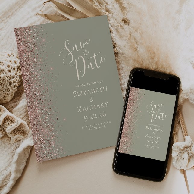 Sage Green Rose Gold Save the Date Announcement (Creator Uploaded)