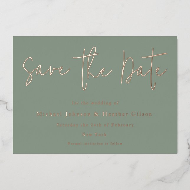 Sage Green & Rose Gold Wedding Save the Date (Front)