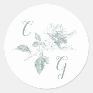 Sage Green Rose Line Art Monogram Wedding Classic Round Sticker