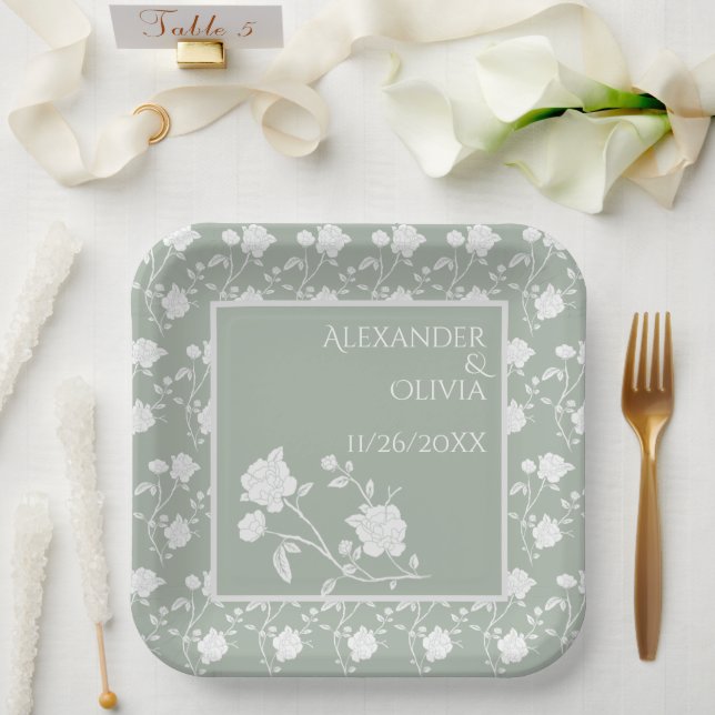 Sage Green Rose Wedding Shower Paper Plates (Wedding)