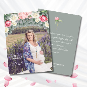 Sage Green Roses Baby Shower Photo Thank You Card
