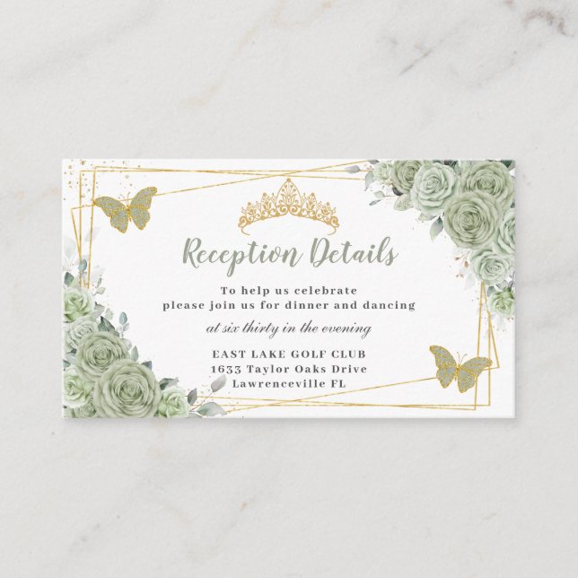 Sage Green Roses Floral Gold Quinceañera Reception Enclosure Card (Front)