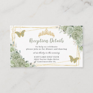 Sage Green Roses Floral Gold Quinceañera Reception Enclosure Card