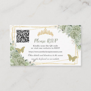 Sage Green Roses Floral Gold Quinceañera RSVP QR Enclosure Card
