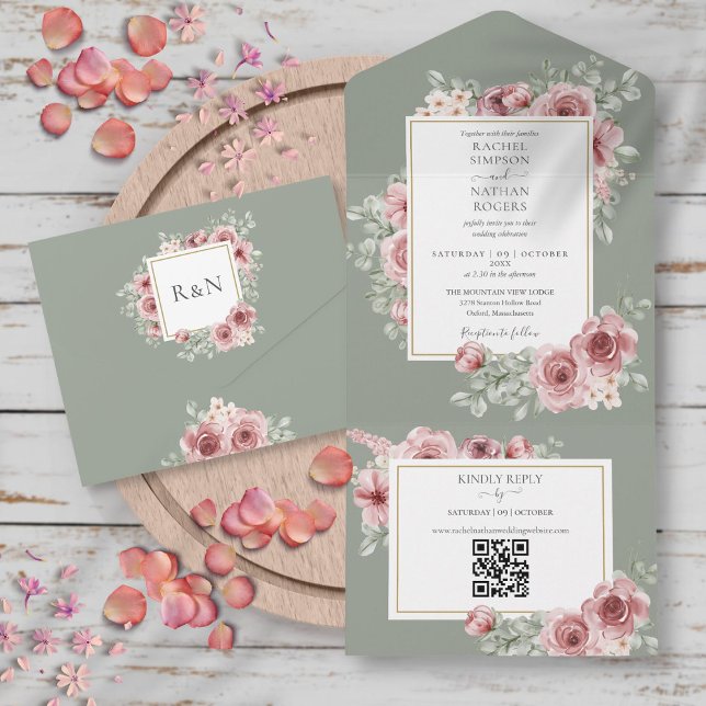 Sage Green Roses Floral QR Code Wedding All In One Invitation (Sage Green Roses Floral QR Code Wedding All In One Invitation)