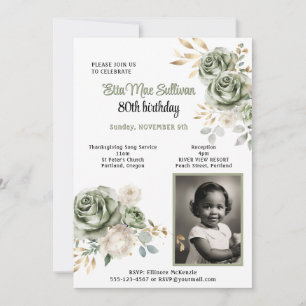 Sage green Roses gold leaves 80th birthday Photo Invitation
