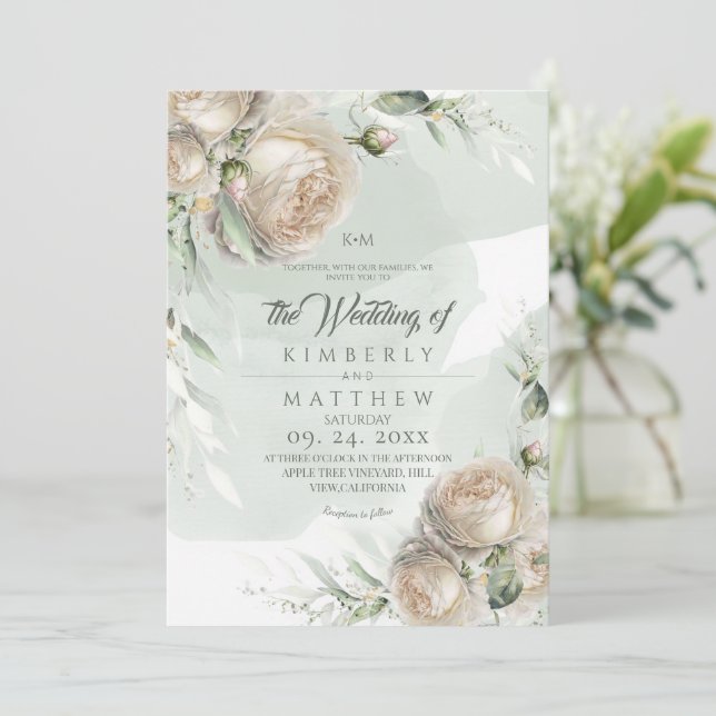 Sage Green Roses Greenery Wedding Invitation (Standing Front)