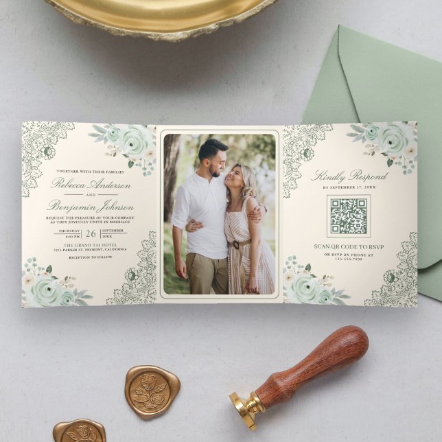 Sage Green Roses Lace Floral Cream QR Code Wedding Tri-Fold Invitation (Creator Uploaded)