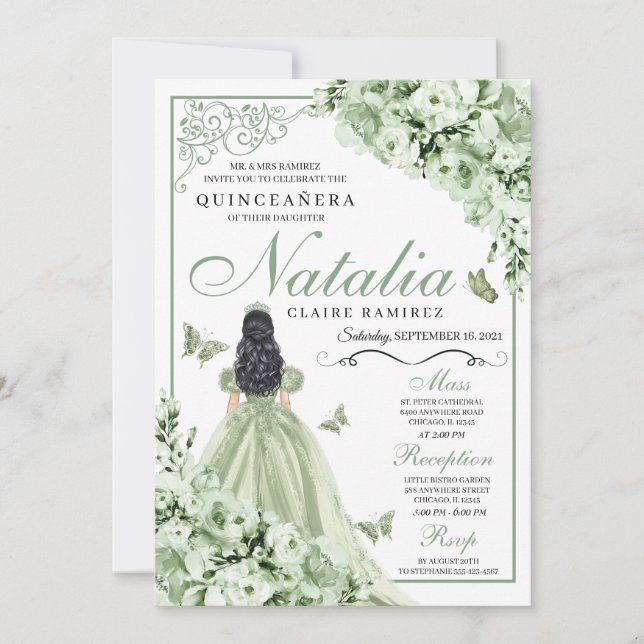 Sage Green Roses Princess Dress Quinceanera Invitation (Front)