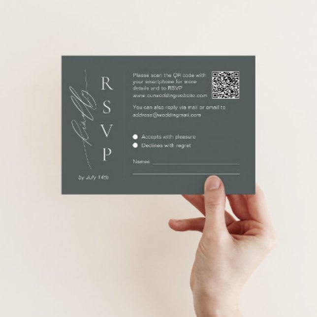 Sage green RSVP card with QR code and script font (Creator Uploaded)