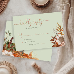 Sage green rust foliage boho floral wedding RSVP card