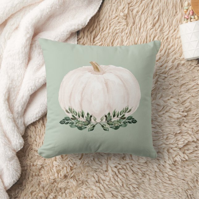 Sage Green Rustic Fall Pumpkin Watercolor Cushion (Blanket)