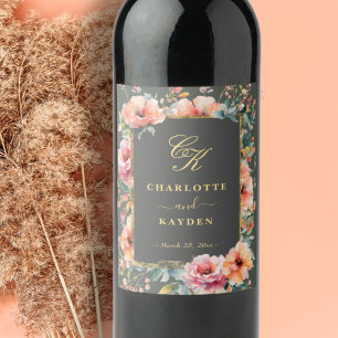 Sage Green Rustic Floral Wreath Monogram Wedding Wine Label