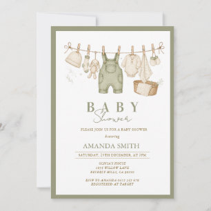 Sage Green Rustic Hanging Clothesline Baby Shower Invitation