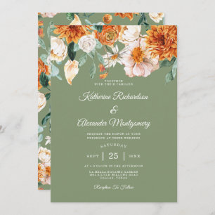 Sage Green Rustic Orange Watercolor Floral Wedding Invitation