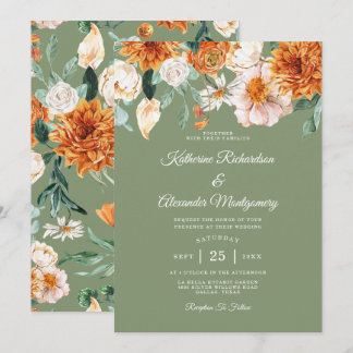 Sage Green Rustic Orange Watercolor Floral Wedding Invitation