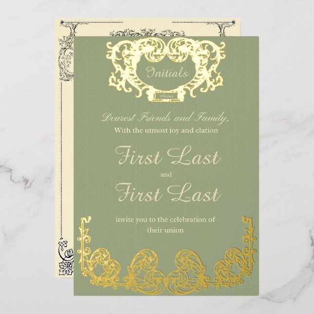 Sage Green Rustic Royal Wedding Foil Invitation (Front/Back)