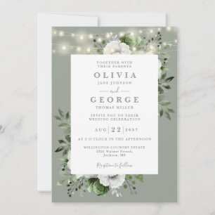 Sage Green Rustic String Lights Floral Wedding Invitation