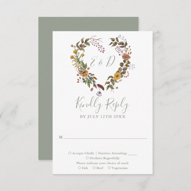 Sage Green Rustic Wildflower Floral  Wedding RSVP Card (Front/Back)
