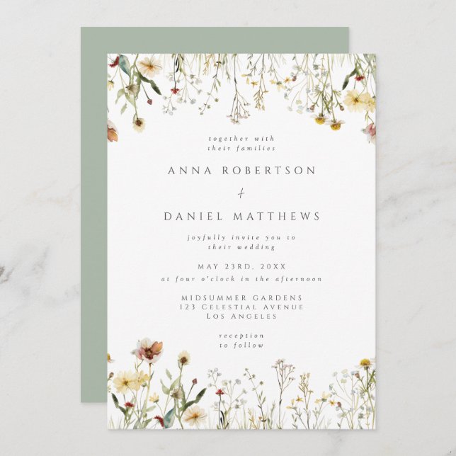 Sage Green Rustic Wildflower Wedding Invitation (Front/Back)