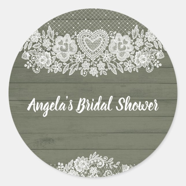 Sage Green Rustic Wood Lace Farmhouse Barn Chic Classic Round Sticker (Front)