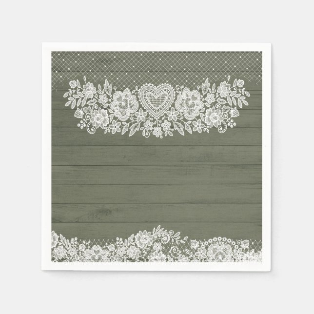 Sage Green Rustic Wood Lace Farmhouse Barn Chic Napkin (Front)