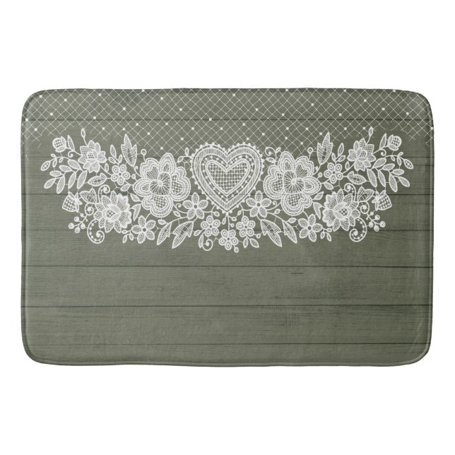 Sage Green Rustic Wood & White Lace Lacy Farmhouse Bath Mat (Front)