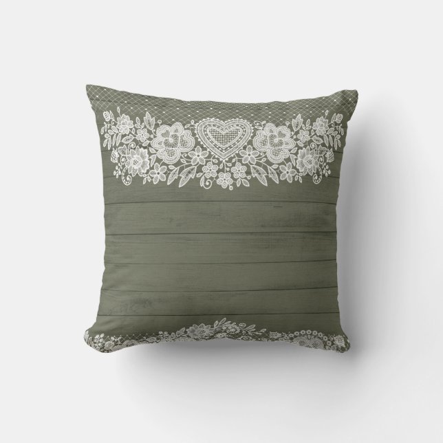 Sage Green Rustic Wood & White Lace Lacy Farmhouse Cushion (Front)