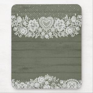 Sage Green Rustic Wood & White Lace Lacy Farmhouse Mouse Mat