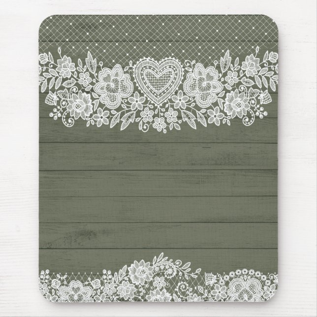 Sage Green Rustic Wood & White Lace Lacy Farmhouse Mouse Mat (Front)