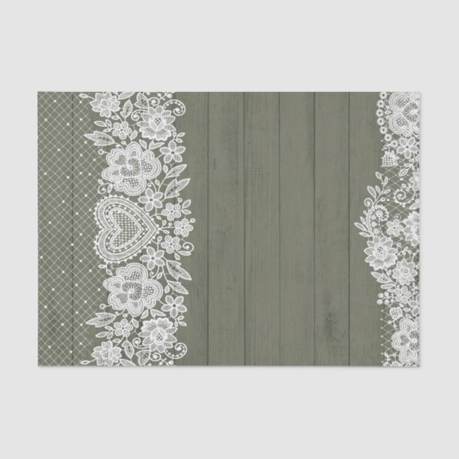 Sage Green Rustic Wood & White Lace Lacy Farmhouse Tissue Paper (Front)
