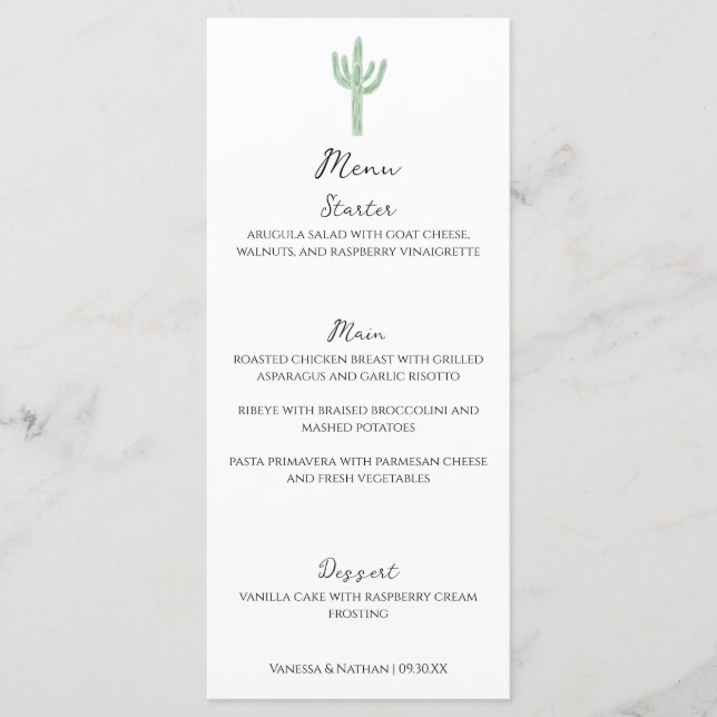 Sage Green Saguaro Cactus Vertical Wedding Menu (Front)