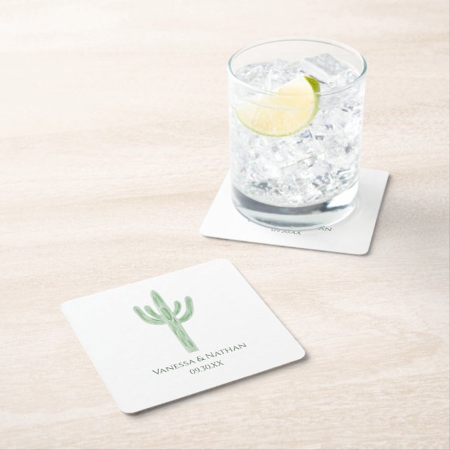 Sage Green Saguaro Cactus Wedding Cocktail Hour Square Paper Coaster (Insitu)