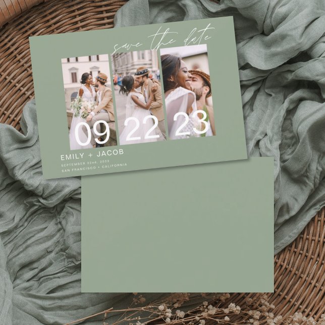 Sage Green Save the Date 3 Photo Elegant (Creator Uploaded)