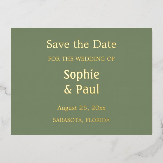 Sage Green Save the Date Foil Invitation Postcard (Front)