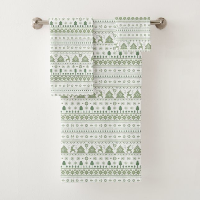Sage Green Scandinavian Nordic Winter Christmas Bath Towel Set (Insitu)
