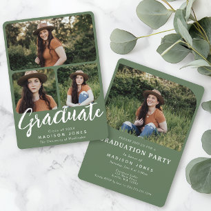 Sage Green Script 4 Photos Graduation Party  Invitation