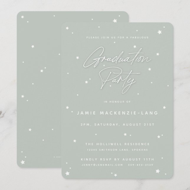 Sage Green Script and Stars Graduation Party Invitation (Front/Back)