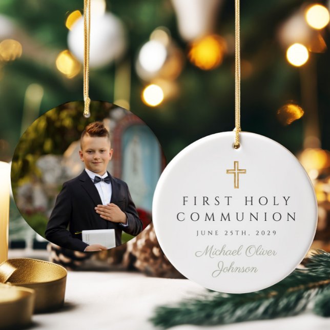 Sage Green Script Boy First Communion Photo Ceramic Tree Decoration (Sage Green Script Boy First Communion Photo Ceramic Ornament)