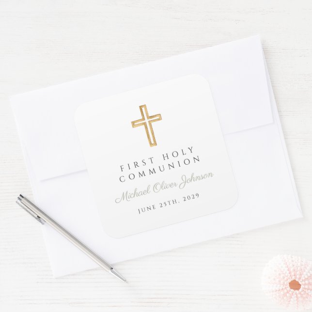 Sage Green Script Boy First Communion  Square Sticker (Envelope)