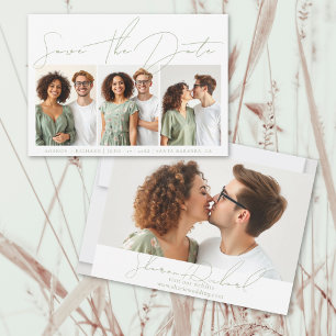 Sage green script calligraphy 3 photo collage save the date