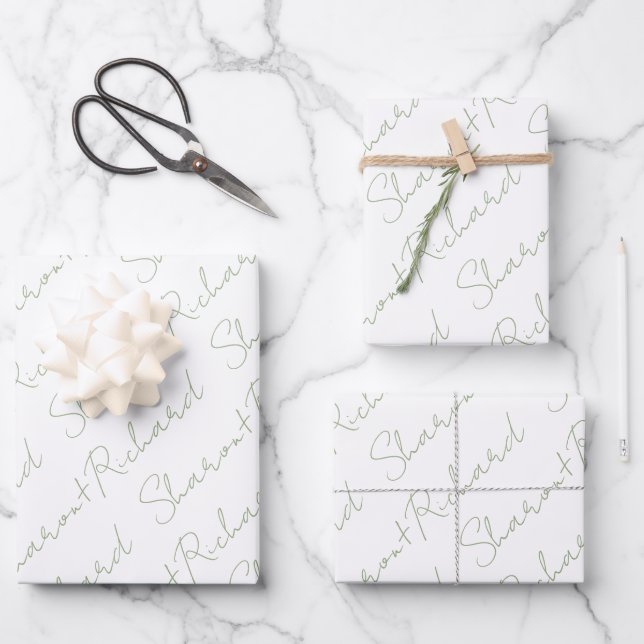 Sage green script calligraphy names wedding wrapping paper sheet (Front)