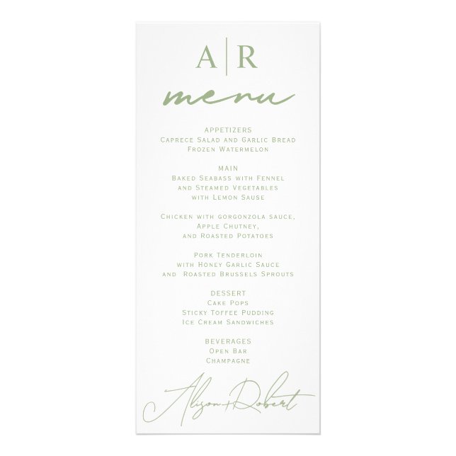 Sage green script calligraphy wedding menu card (Front)