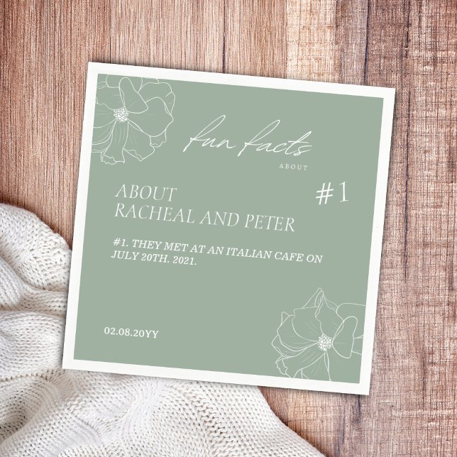 Sage Green Script Floral Fun Facts Wedding Napkin (Creator Uploaded)