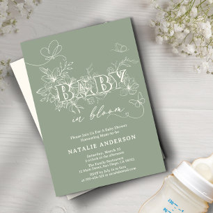 Sage Green Script Flower Butterflies Baby In Bloom Invitation