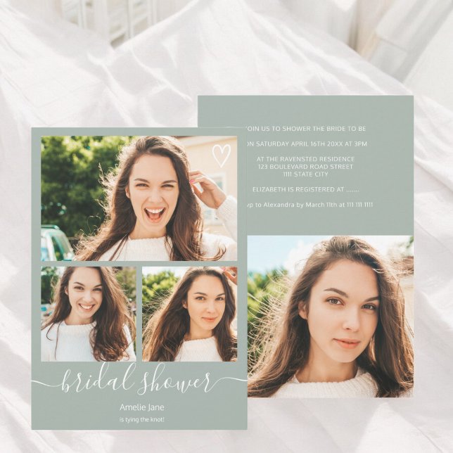 Sage green script heart 4 photos bridal shower invitation (Sage green script heart 4 photos bridal shower invitation)