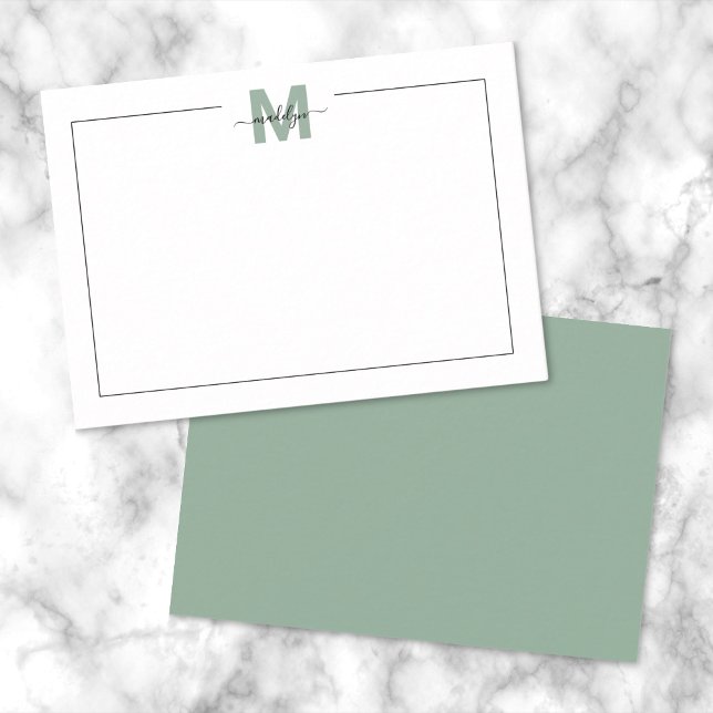 Sage Green Script Minimalist Monogram Card (Green Script Minimalist Name Monogram Note Card)
