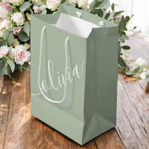 Sage Green Script Minimalist Monogram Elegant Medium Gift Bag
