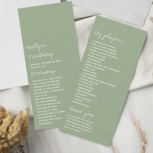 Sage Green Script Minimalistic Wedding Program Rack Card